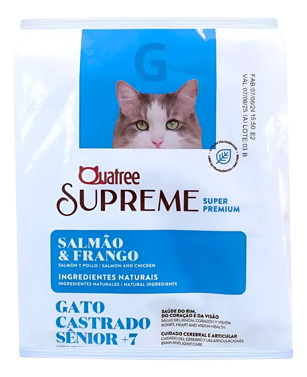 Ração Quatree Supreme para Gatos Castrados Sênior +7 Sabor Salmão e Frango - 1Kg