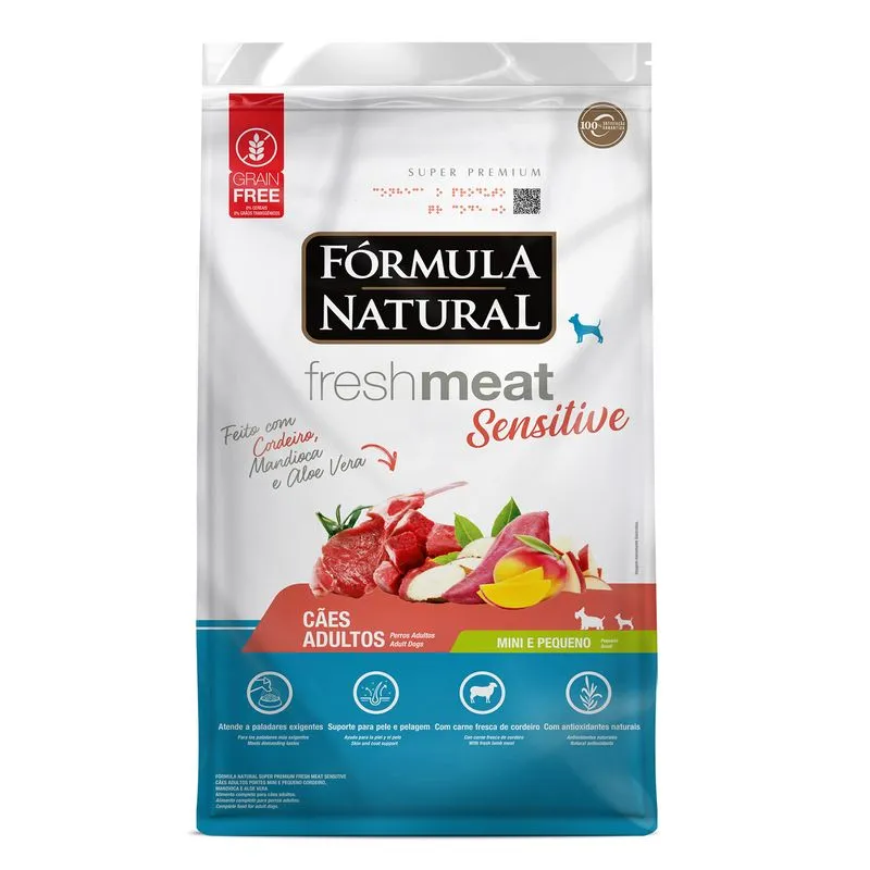 Ração Fórmula Natural Freshmeat Sensitive Cães Adultos Mini e Pequeno Cordeiro Mandioca e Aloe e Vera - 7Kg