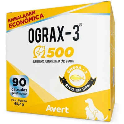 Suplemento Avert Ograx-3 500mg para Cães e Gatos - 90 Cápsulas