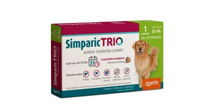 Antipulgas e Vermífugo Simparic Trio 48mg para Cães de 20,1kg a 40kg - 1 Comprimido