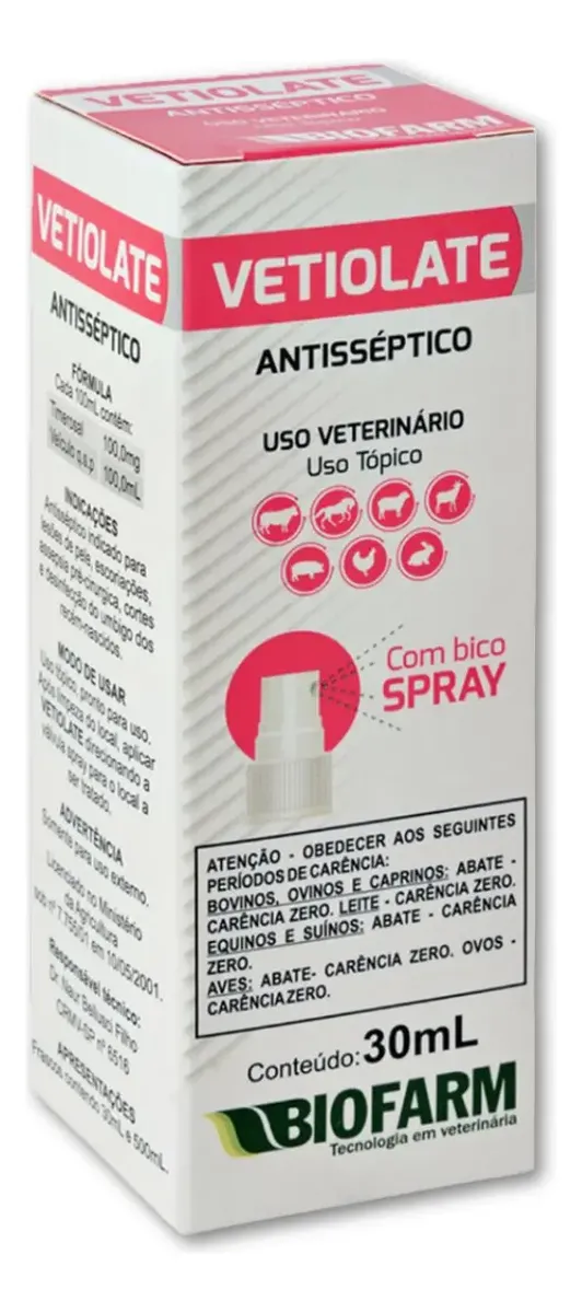 Antisséptico Vetiolate Biofarm Lesões De Pele para Cães e Gatos - 30ml