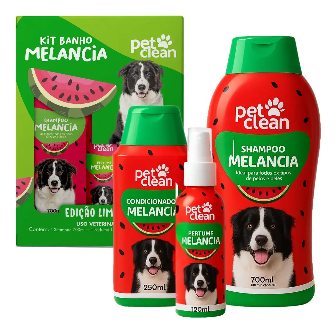 Kit Banho Shampoo, Condicionador e Perfume Melancia para Cães Gatos Pet Clean