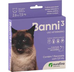 Antipulgas Banni 3  para Gatos de 2,6 a 7,5 Kg - 0.9ml  Ourofino  - proteções para banir vermes, sarnas e pulgas